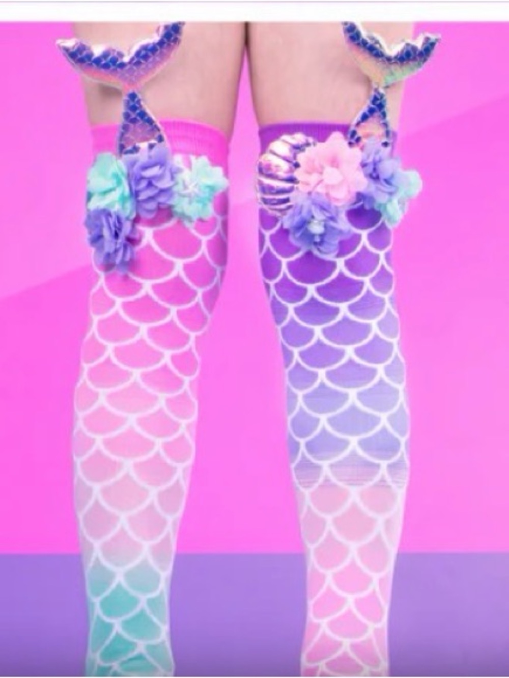 Mermaid Scale Thigh-High Socks - Pink & Purple Floral Accent